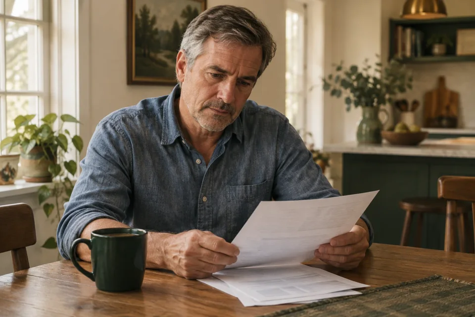 A man in a denim shirt reads a printed statement at a kitchen table, a green mug beside him.